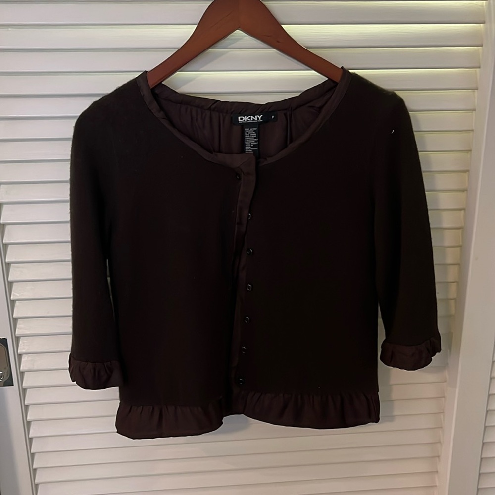 DKNY Brown Short Sleeve Cardigan. Size Petite.
